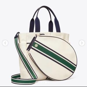 TORY BURCH CONVERTIBLE STRIPE TENNIS TOTE IN IVORY PEARL/EVERGREEN